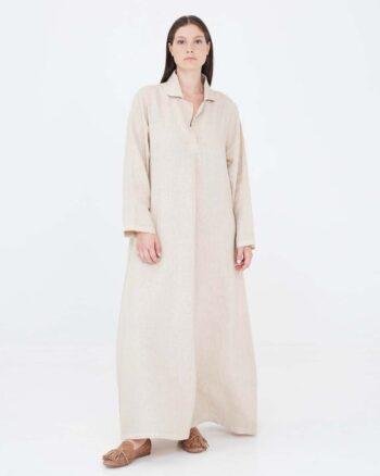 Maxi Linen Dress With Front Pleat And Lapels