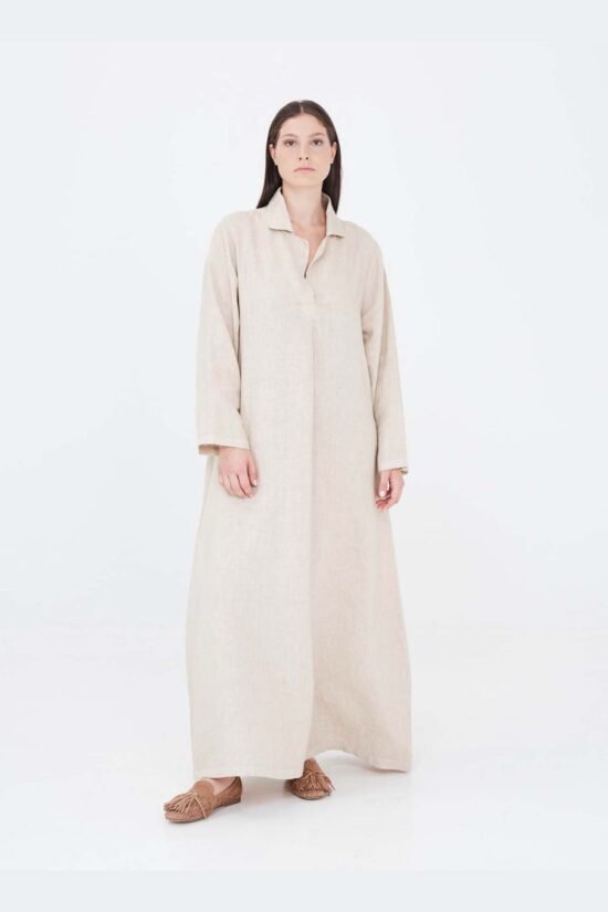 Maxi Linen Dress With Front Pleat And Lapels