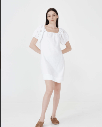 Linen Mini Dress With Embroidered Puffy Sleeves