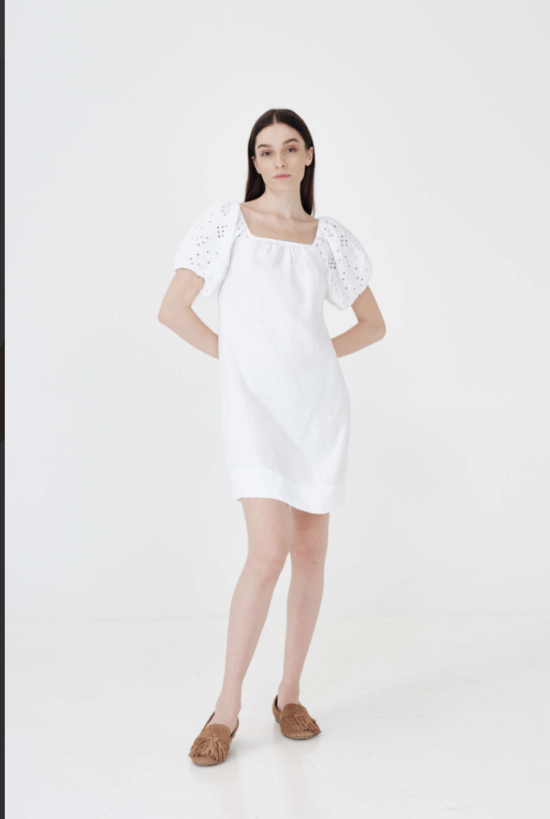 Linen Mini Dress With Embroidered Puffy Sleeves