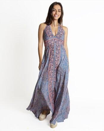 Blue Long Dress with Leaf Print