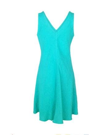 V Neckline Flared Linen Dress Island Green