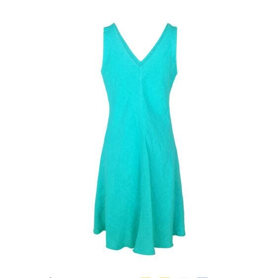 V Neckline Flared Linen Dress Island Green