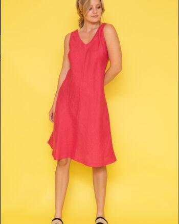 V Neckline Flared Linen Dress Coral