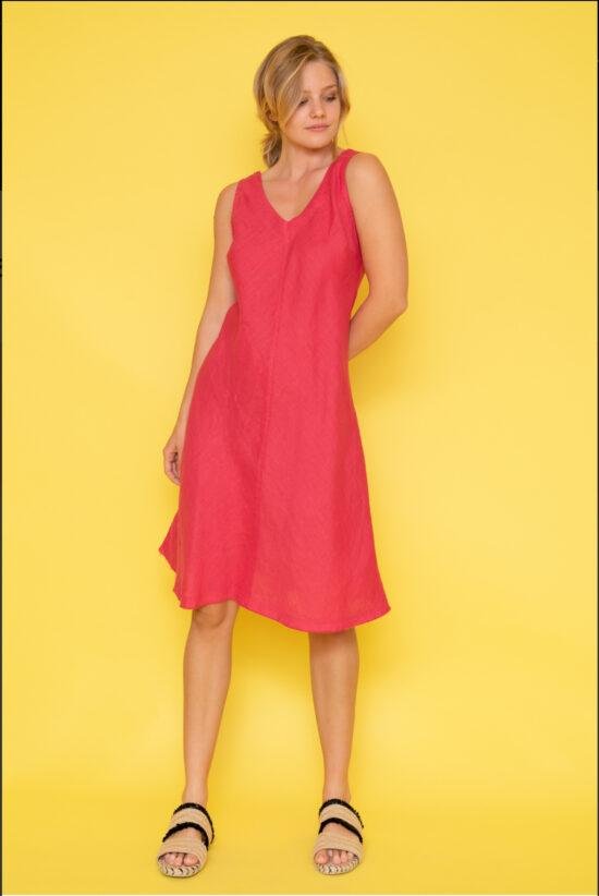 V Neckline Flared Linen Dress Coral