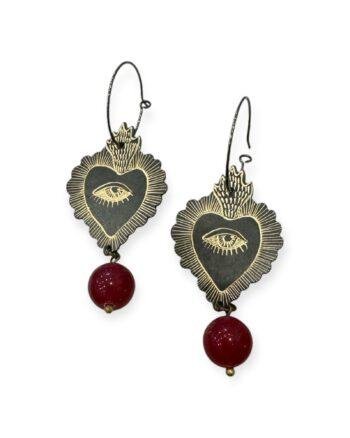 Handmade Heart Earrings with Engraving and Semi Precious Stones