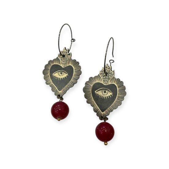 Handmade Heart Earrings with Engraving and Semi Precious Stones