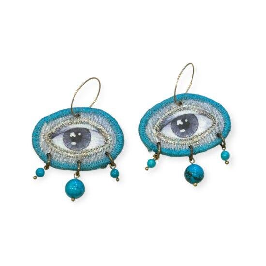 Embroidered Eye Earrings with Turquoise Stones