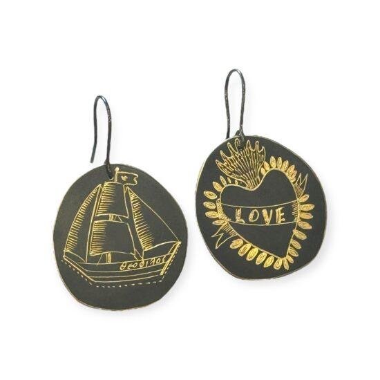 Engraved Nautical and Love Earrings