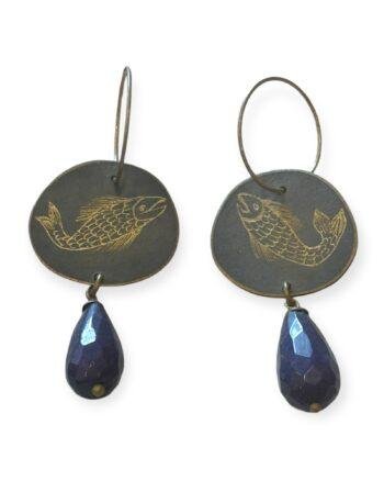 Fish Engraved Earrings with Blue SemiPrecious Stones