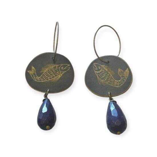 Fish Engraved Earrings with Blue SemiPrecious Stones