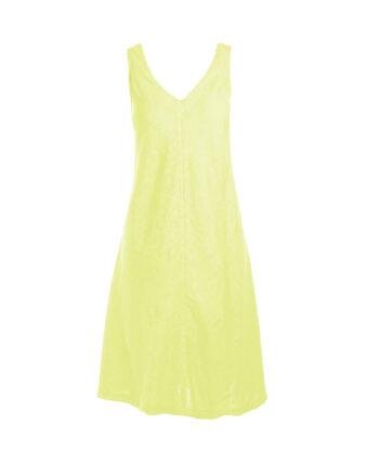 V Neckline Flared Linen Dress Lime