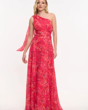 Printed One Shoulder Maxi Dress Fuchsia