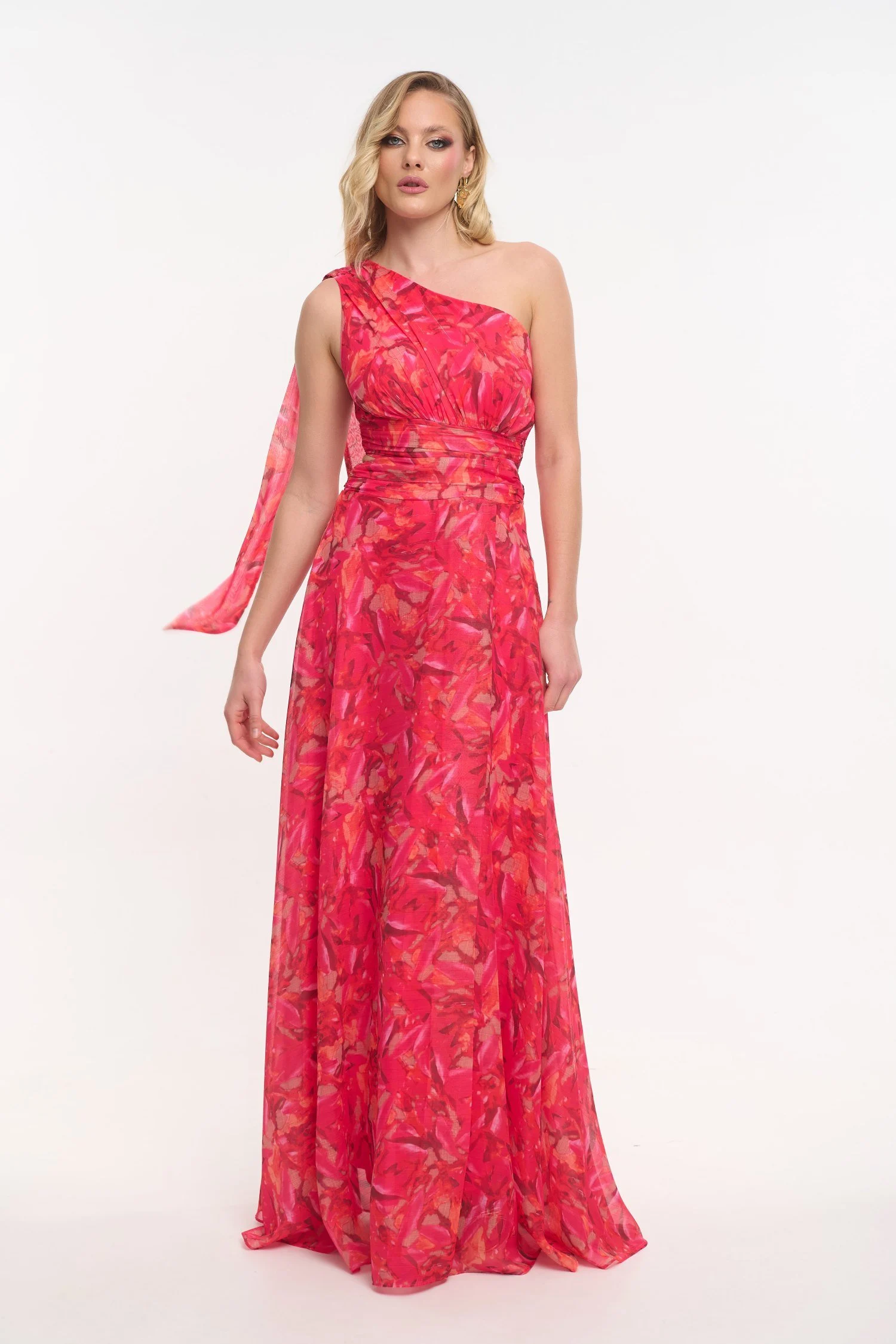Printed One Shoulder Maxi Dress Fuchsia 1 Printed One Shoulder Maxi Dress Fuchsia