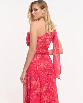 Printed One Shoulder Maxi Dress Fuchsia