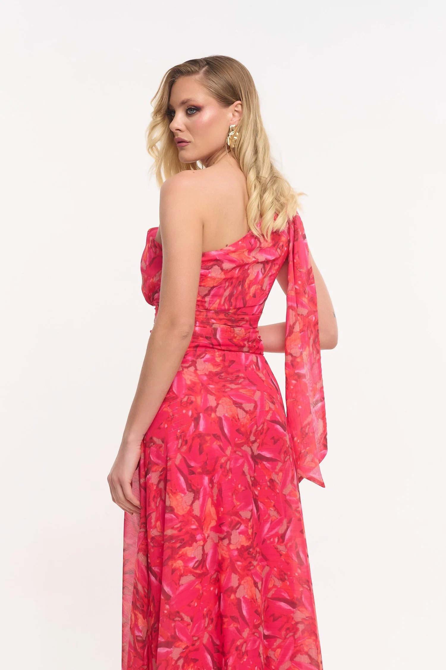 Printed One Shoulder Maxi Dress Fuchsia 2 Printed One Shoulder Maxi Dress Fuchsia - Image 2