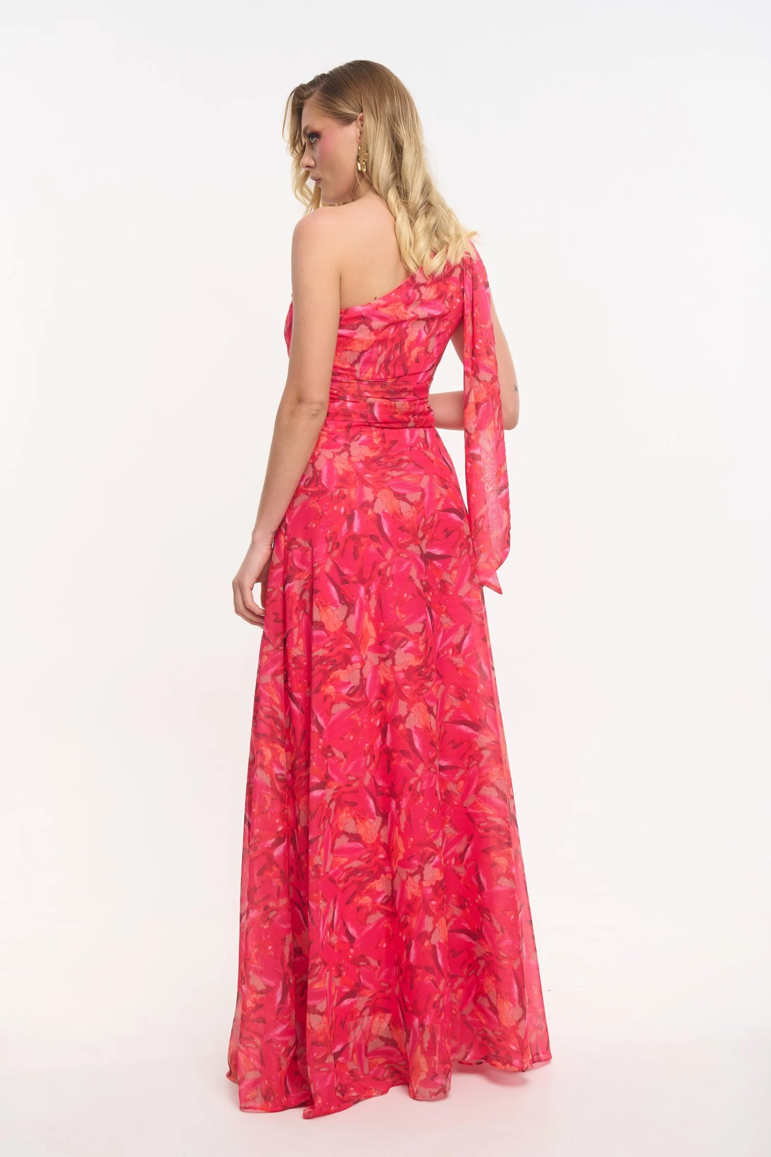 Printed One Shoulder Maxi Dress Fuchsia 4 Printed One Shoulder Maxi Dress Fuchsia - Image 4