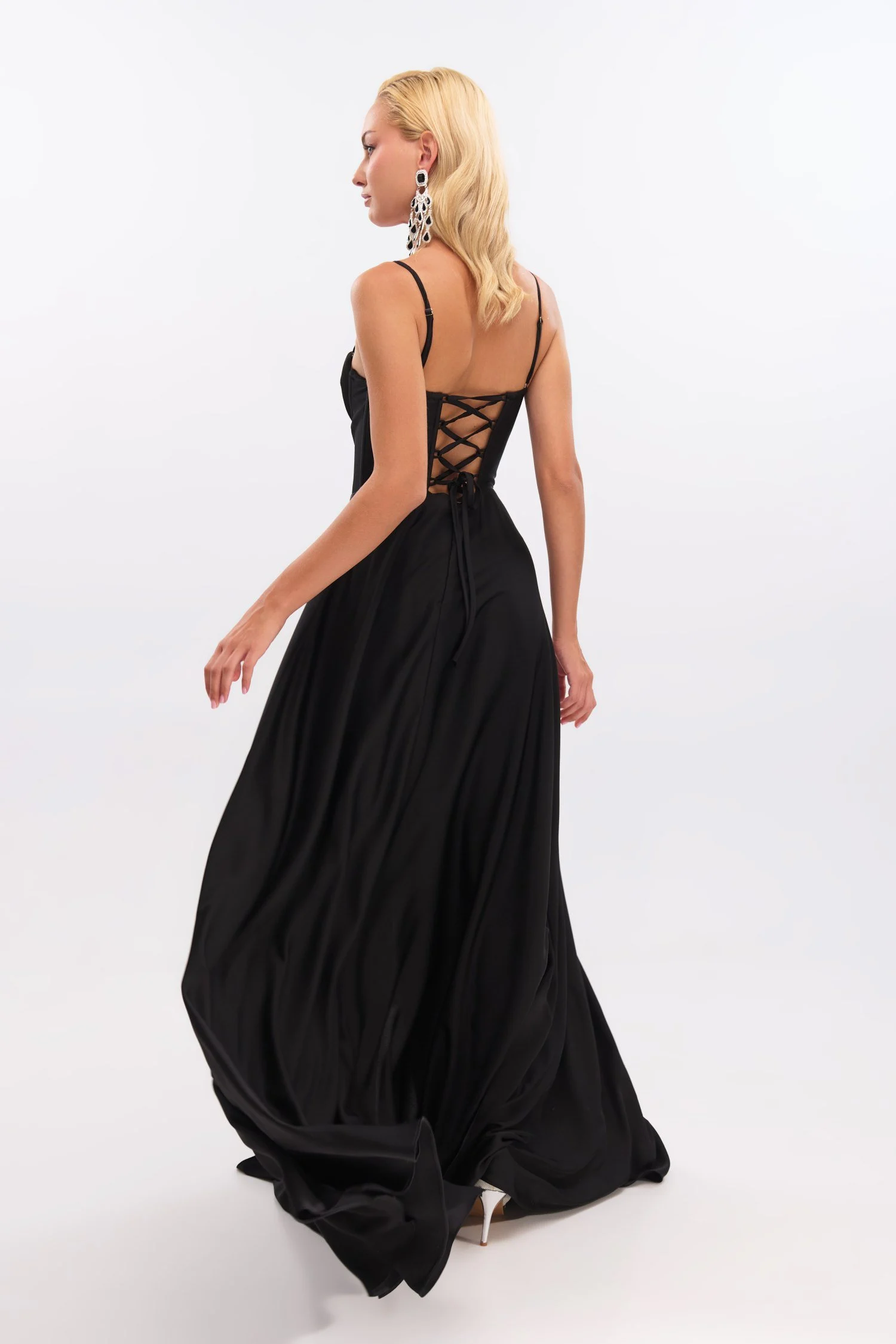 Black Satin Maxi Dress with Front Slit 6 Black Satin Maxi Dress with Front Slit - Image 6