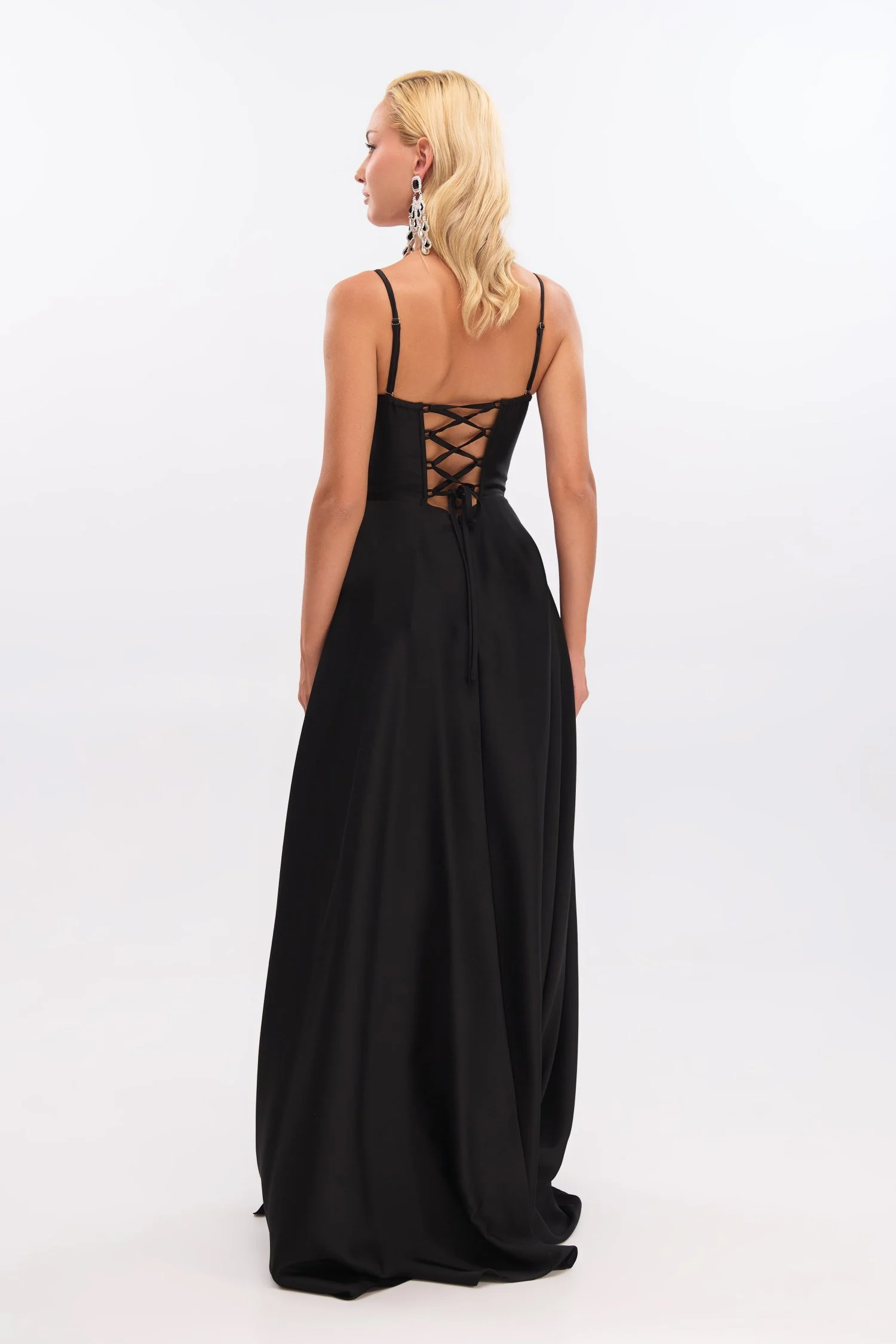 Black Satin Maxi Dress with Front Slit 2 Black Satin Maxi Dress with Front Slit - Image 2