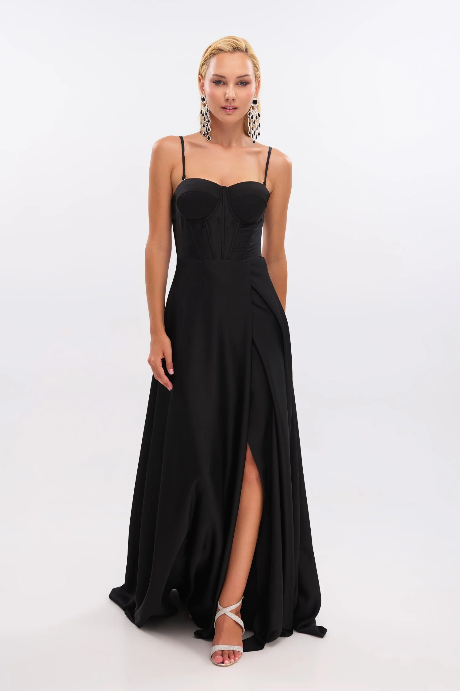 Black Satin Maxi Dress with Front Slit 5 Black Satin Maxi Dress with Front Slit - Image 5