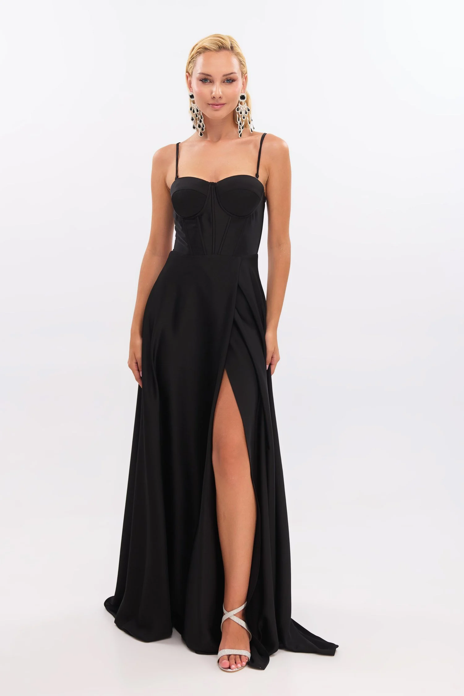 Black Satin Maxi Dress with Front Slit 1 Black Satin Maxi Dress with Front Slit