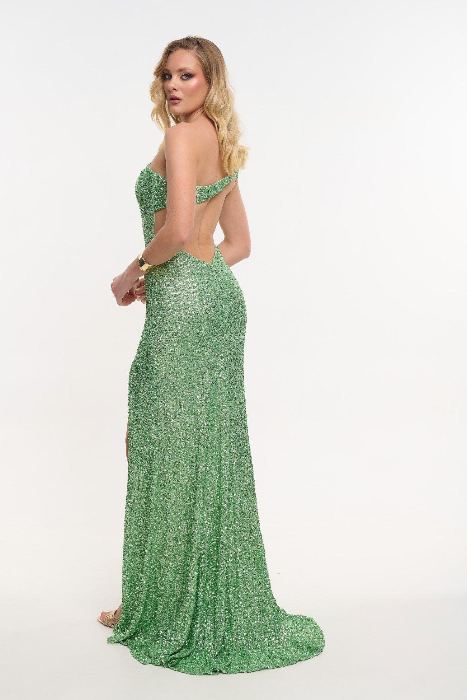 Maxi Dress With One Shoulder and Sequins Apple Green 5 Maxi Dress With One Shoulder and Sequins Apple Green - Image 5